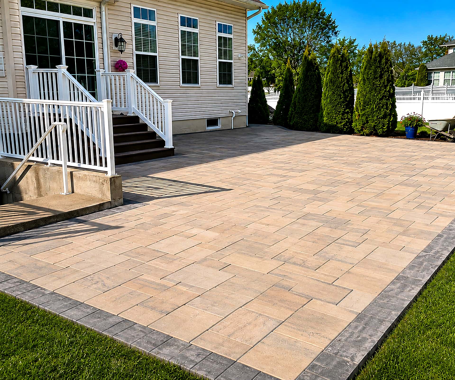 Sunlit tan paver patio with charcoal border and manicured lawn built by our crew at a South Jersey home